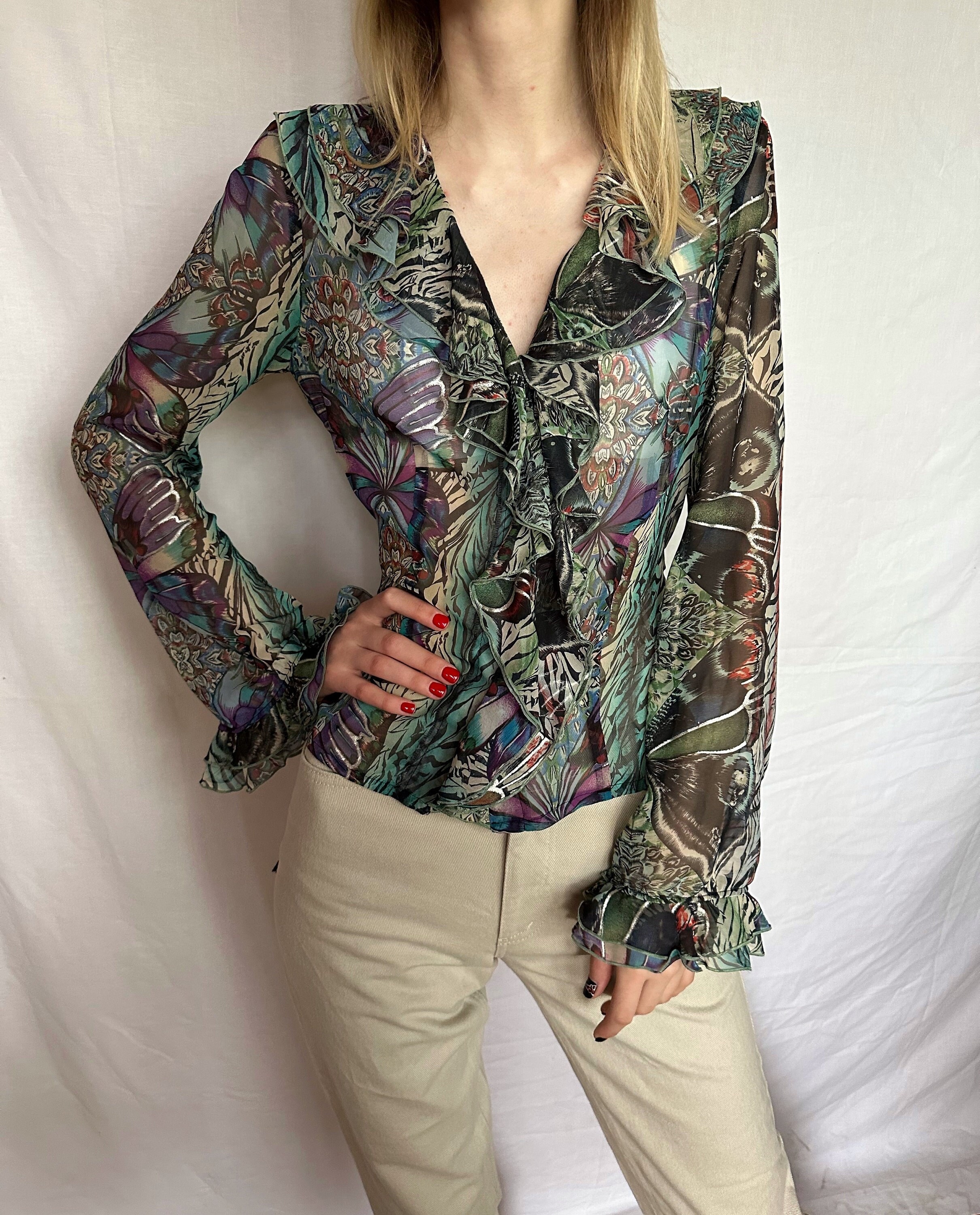 シャツ/ブラウス(長袖/七分) KENZO - 80s KENZO JUNGLE Geometric Frill Blouse Vtg KENZO JUNGLE Blouse BLUE Sheer BUTTON TOP Viscose Medium