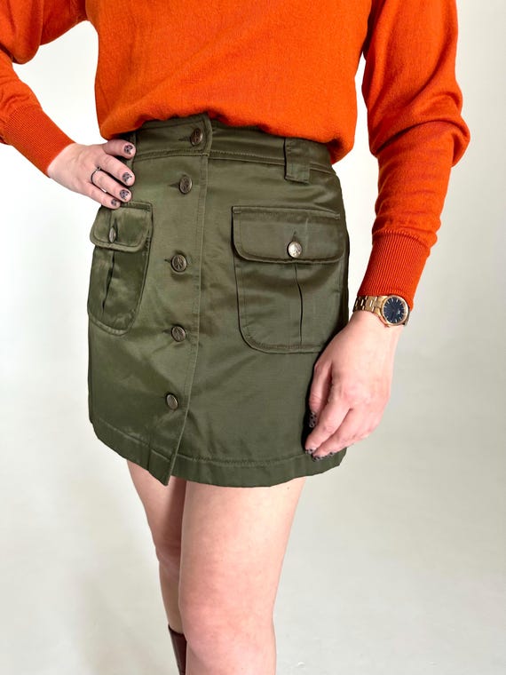 Moschino, Vintage 90s Moschino Mini Skirt, High Waist Satin Khaki Skirt