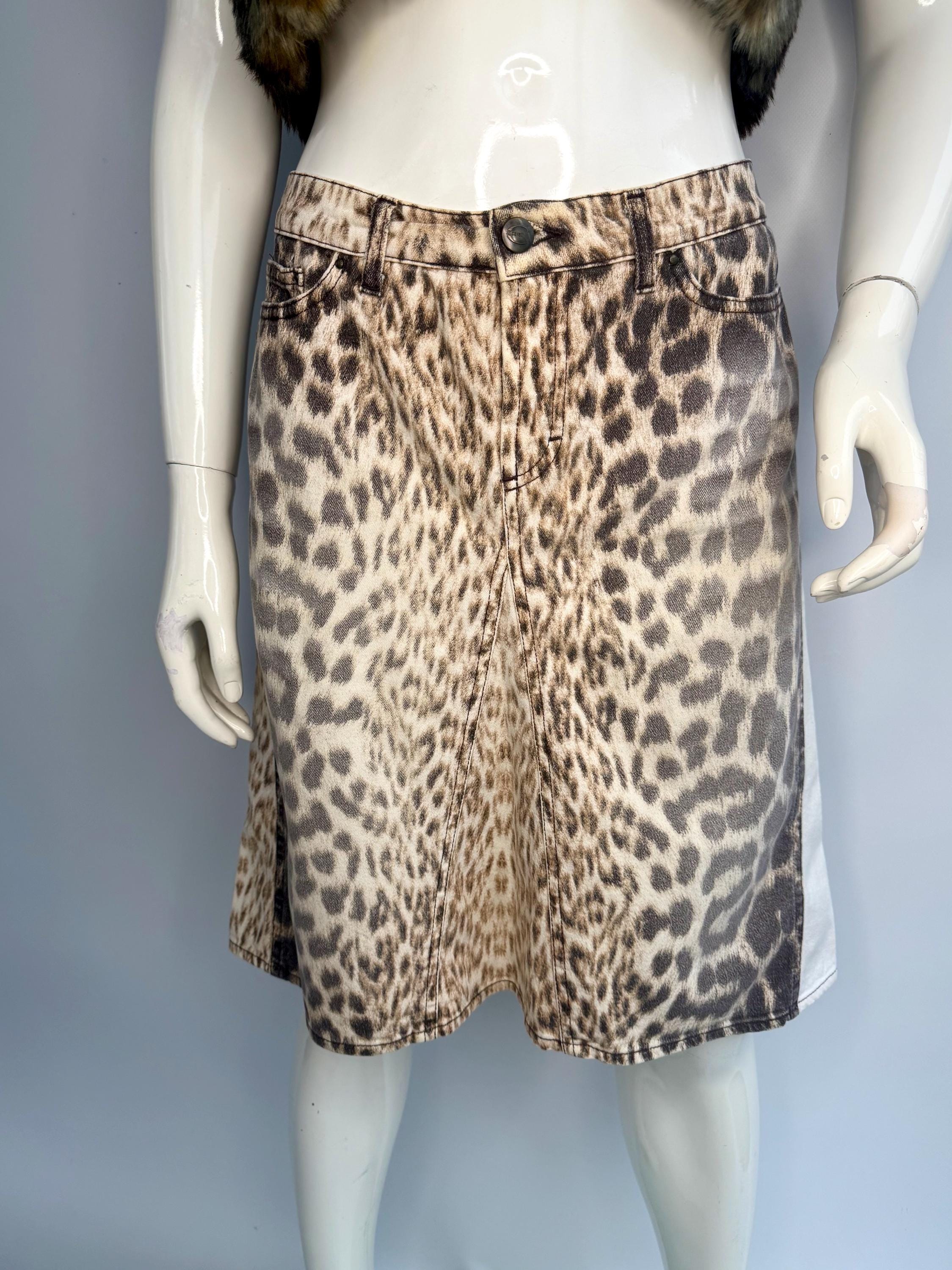 Vintage 90s Just Cavalli Leopard Skirt, Animal Print Denim Midi