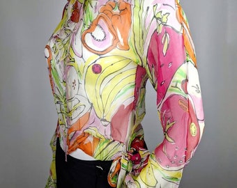【送料&関税込】Moschino Pink Silk Blouse Vintage 90s MOSCHINO Silk Blouse Fruit and Vegetables Print