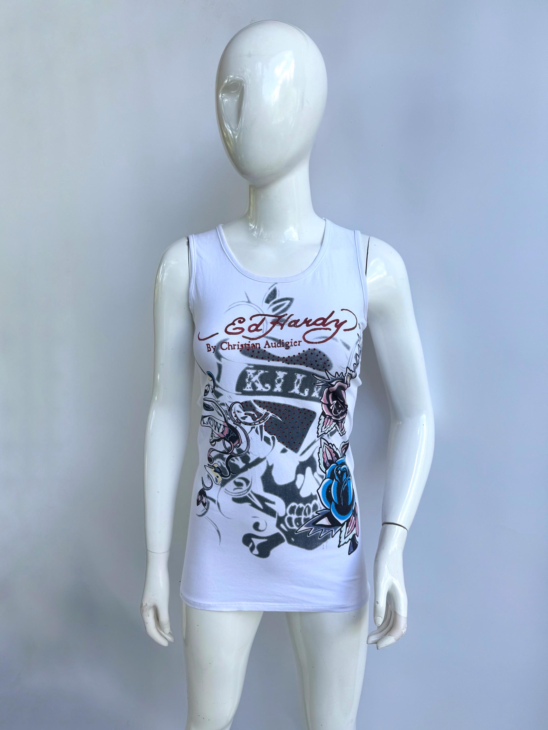 Y2K Ed Hardy Diamanté Tank Top: Skull Roses Graphic, Made in USA