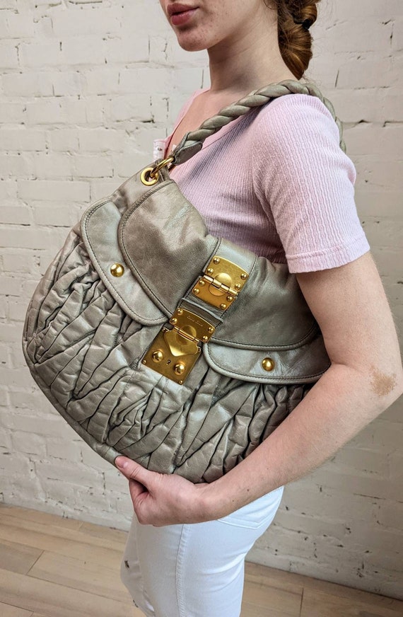 Y2k Vintage MIU MIU Leather Handbag. Grey Quilted Shoulder