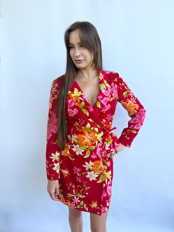 Kenzo, Vintage Kenzo Red Floral Set, Wrap Blouse Skir