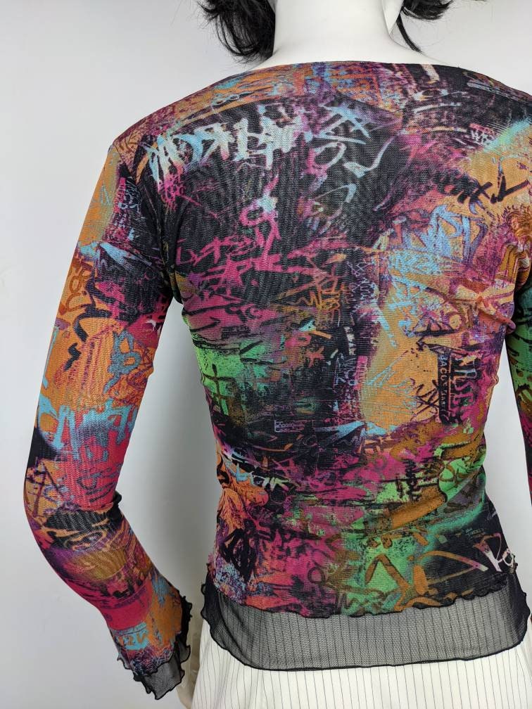 Y2k Vintage Graffiti Mesh Top JAMES LAKELAND. Abstract Multicolor
