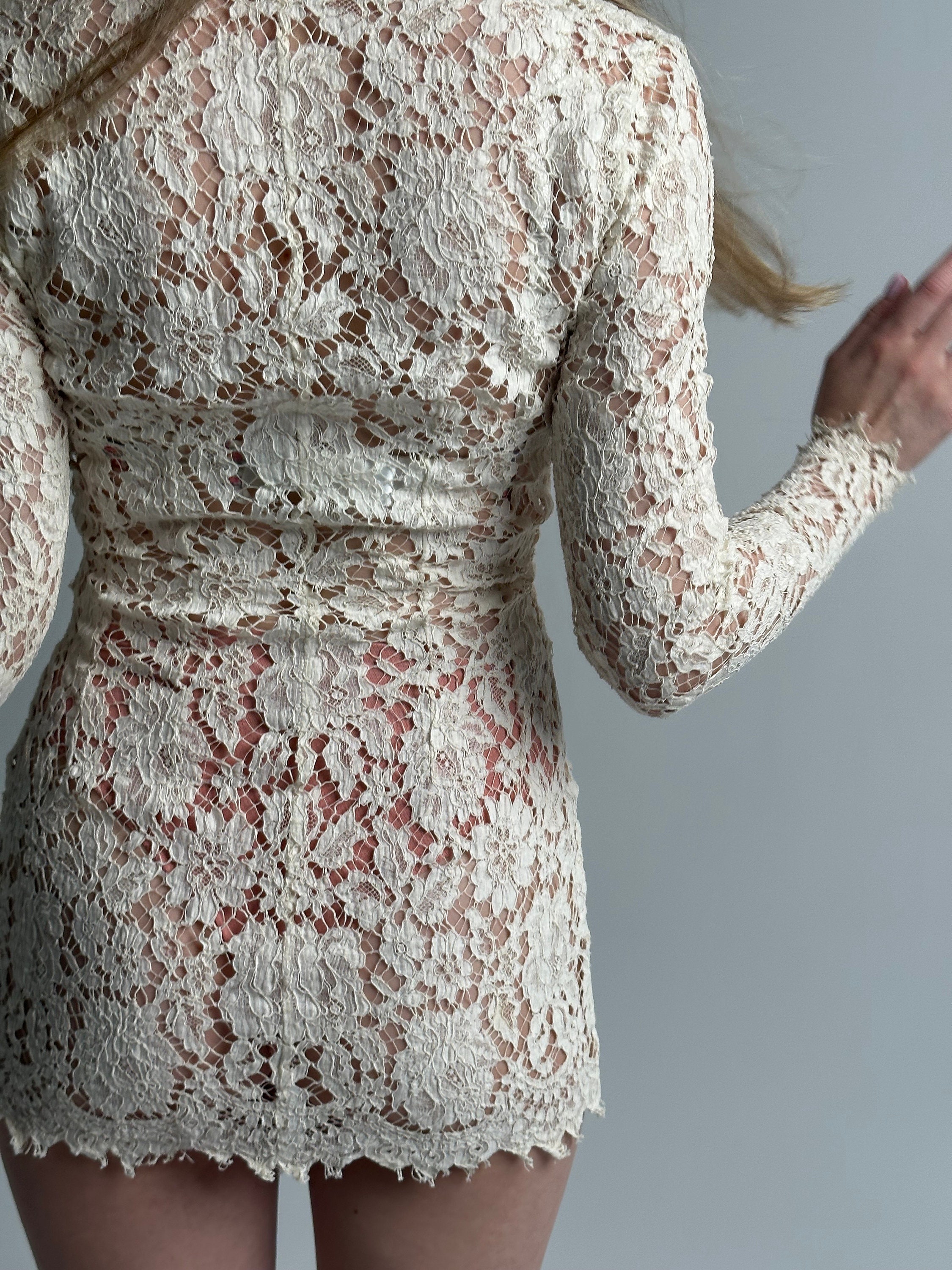 Vintage 90s Lolita Lempicka Lace Extra Mini Dress, White Crochet