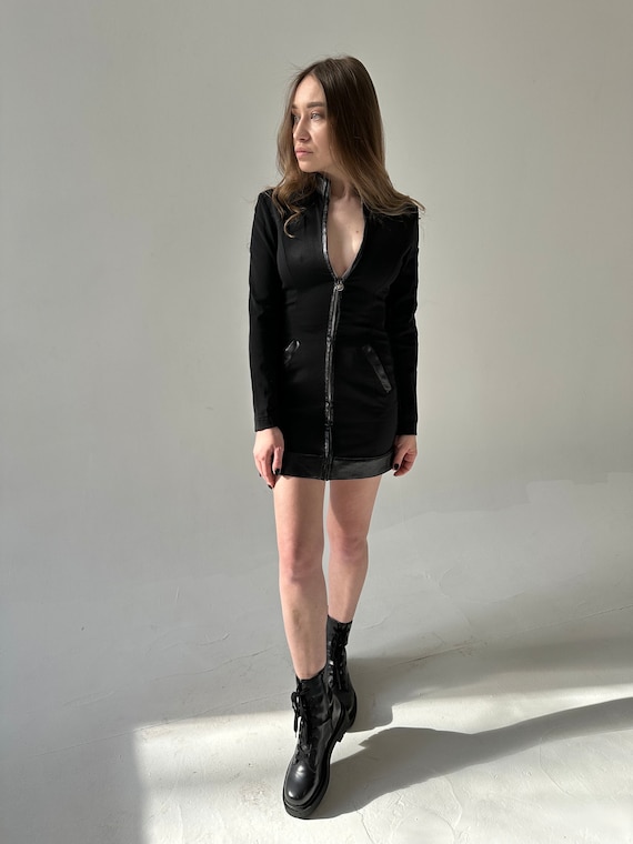 Versace, Vintage 90s Versace Mini Dress, Black Bodycon Zip Front, Size XS