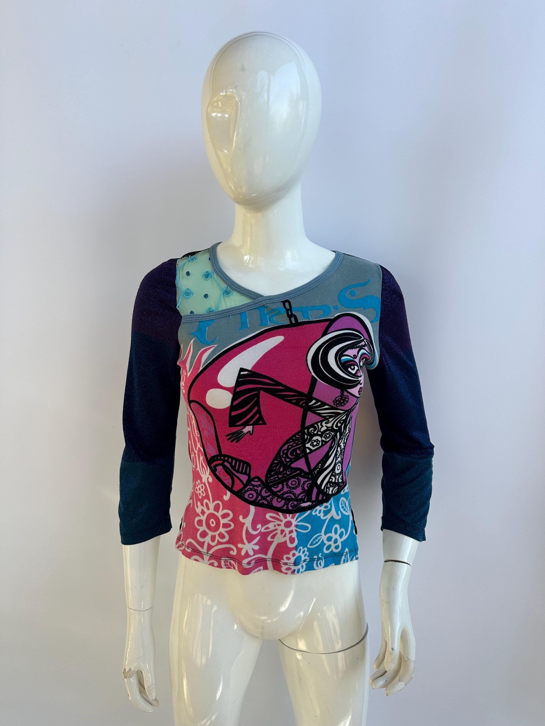 Y2k Vintage Custo Barcelona Top, Fashion Woman Print Long Sleeves