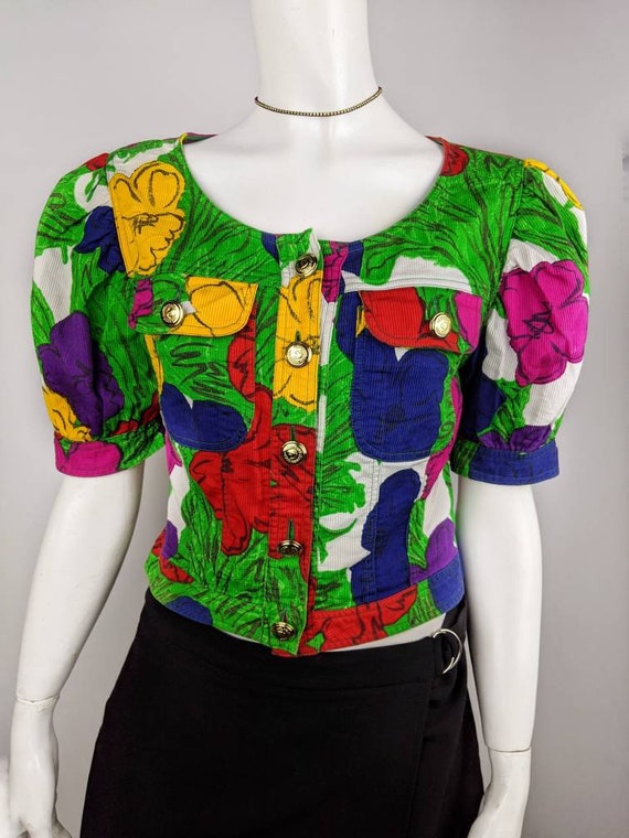 Moschino, Vintage 90s Moschino Floral Jacket, Multicolor Velvet Crop Blazer