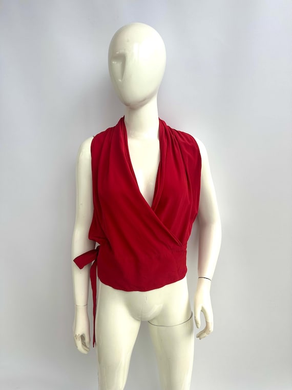 Max Mara, Vintage 90s Max Mara Silk Red Top, Sleeveless Wrap Blouse