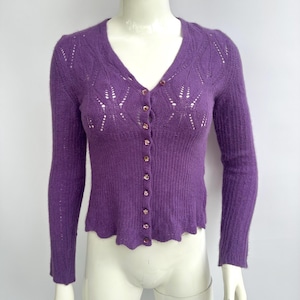 Y2k Vintage Dolce Gabbana Purple Top, Wool Knit Cropped Cardigan, Crystal Button Front Sweater