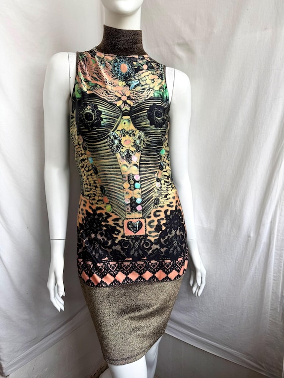 Christian Lacroix, Vintage 90s Christian Lacroix Dress, Trompe L'Oeil Print Sleeveless Turtleneck Dress
