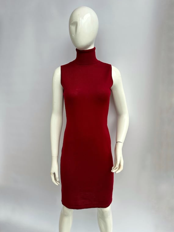 Versace, Vintage 90s Versace Burgundy Knit Dress, Turtleneck Midi Gown, Wool Sleeveless Dress