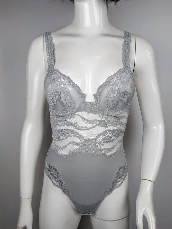 Vintage 90s LA PERLA Lace Body. Gray Floral Embroidery Lingerie