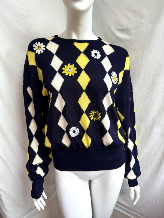 Escada, Vintage 80s Escada Floral Sweater, Knit Argyle Print Pullover