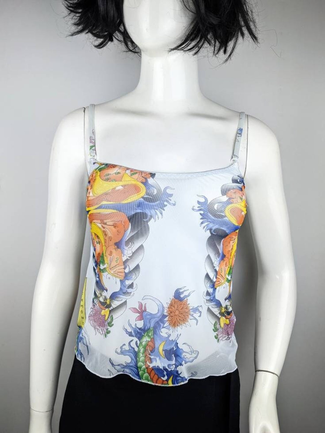 Y2k Vintage JOHN RICHMOND Mesh Top. Japanese Floral Print