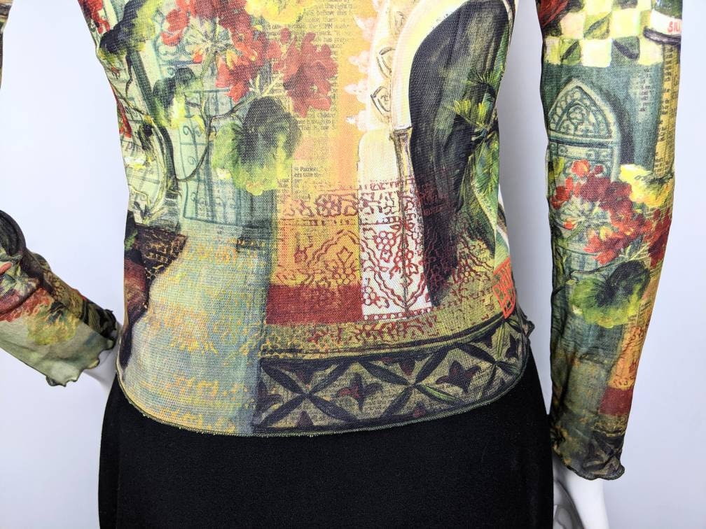 Vintage 90s Aventure Des Toiles Mesh Top, Long Sleeve Abstract