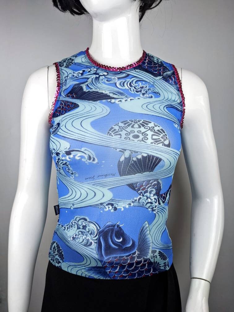 最安値級価格 Sheer MOSCHINO Vintage Y2K Mesh Vest Top Fish Koi Japanese トップス