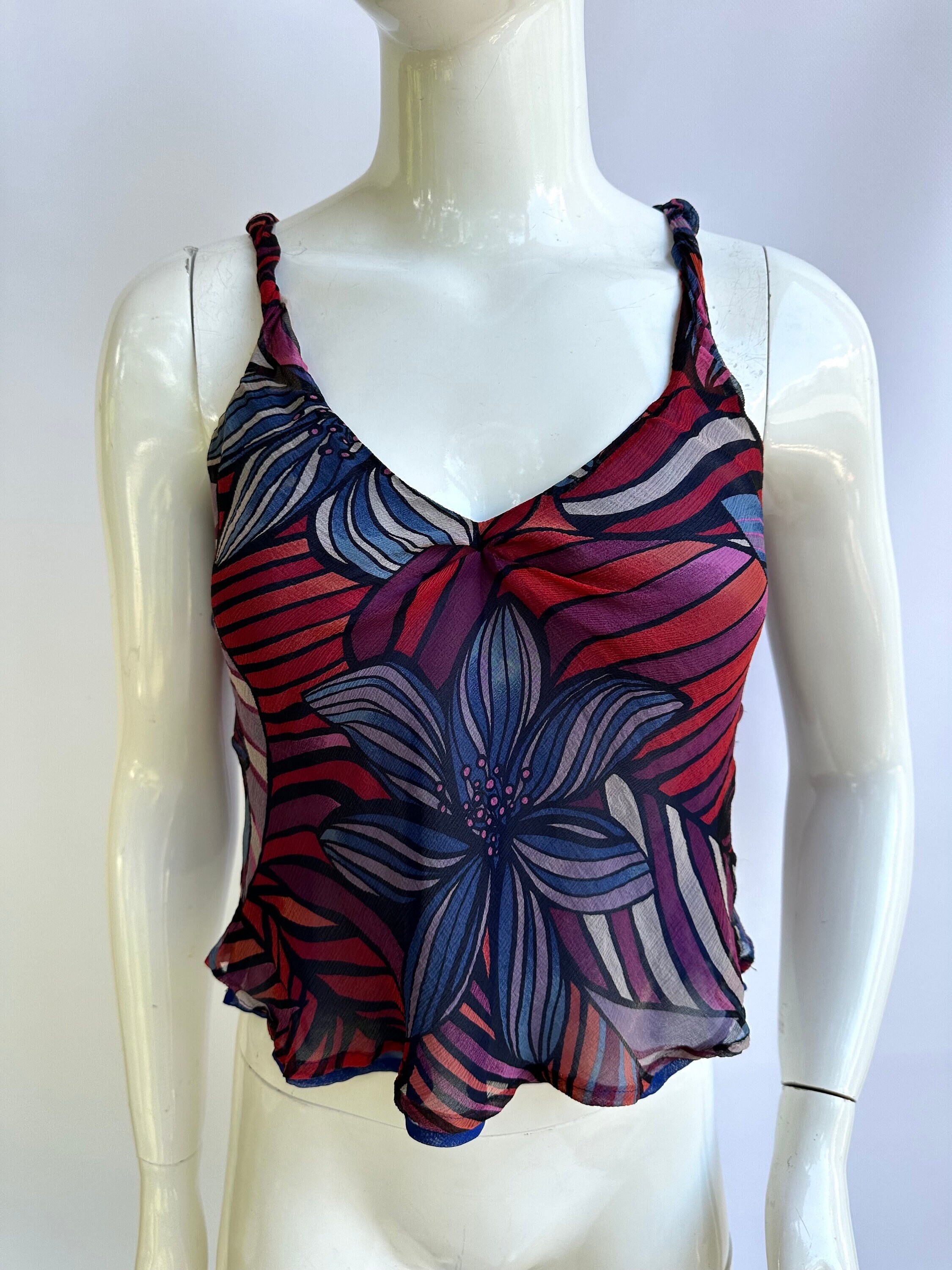 Y2k Vintage Armani Jeans Floral Silk Top, Criss Cross Tank Top