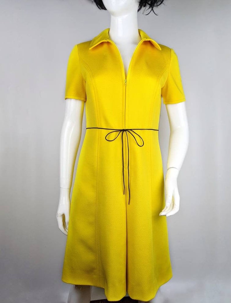 vintage 70s TRICOSA yellow zipper dress. A-line collared midi dress image 1