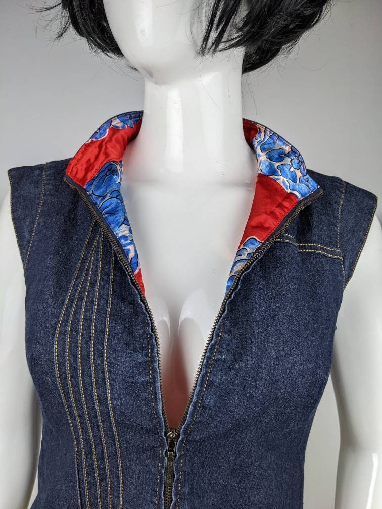 Vintage 90s KENZO Jeans Denim Vest. Zipper Blue Vest, Red Japanese
