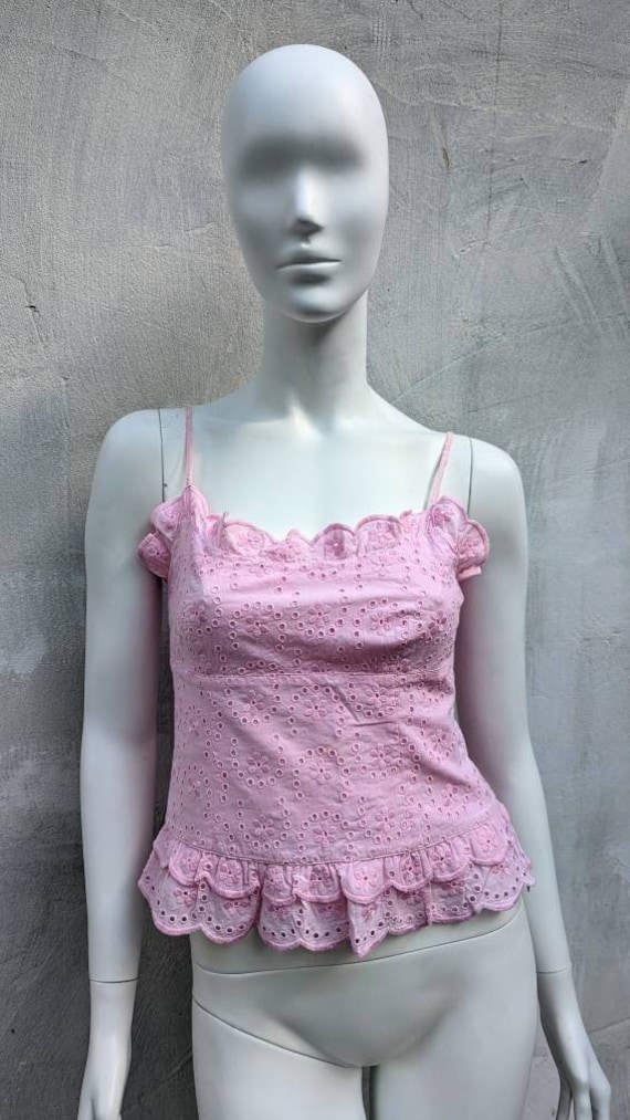 Vintage 90s MOSCHINO Pink Bustier. Cotton Lace Top Spaghetti