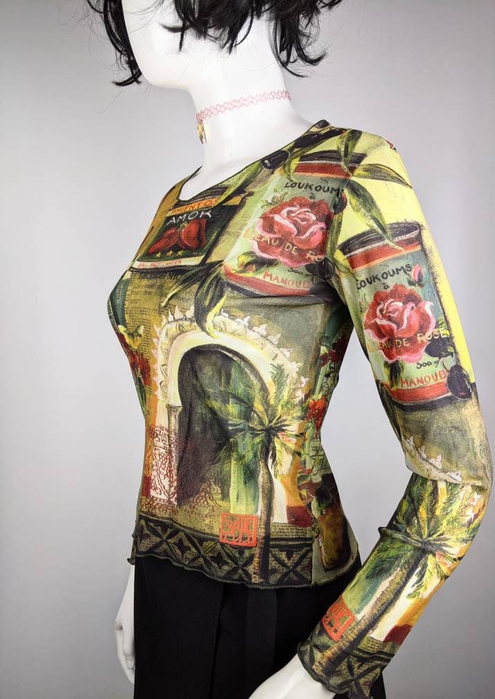 Vintage 90s Aventure Des Toiles Mesh Top, Long Sleeve Abstract