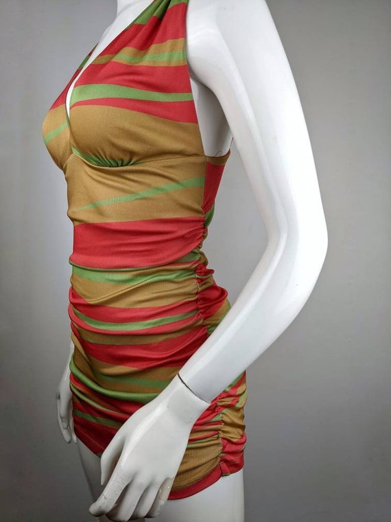 y2k vintage FERRE striped dress. green red beige … - image 2