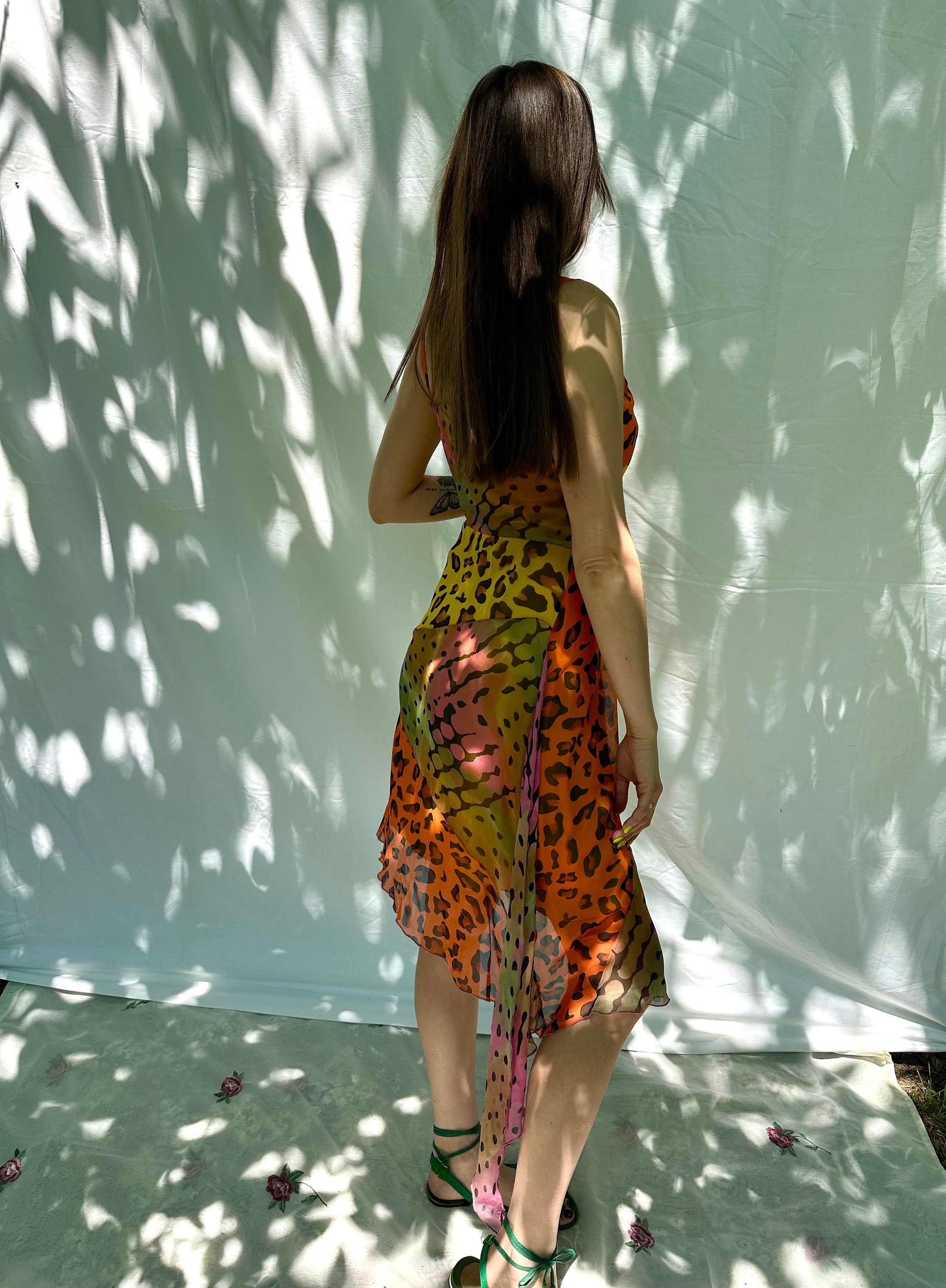 Y2k Vintage Moschino Silk Leopard Dress, Multicolor Animal