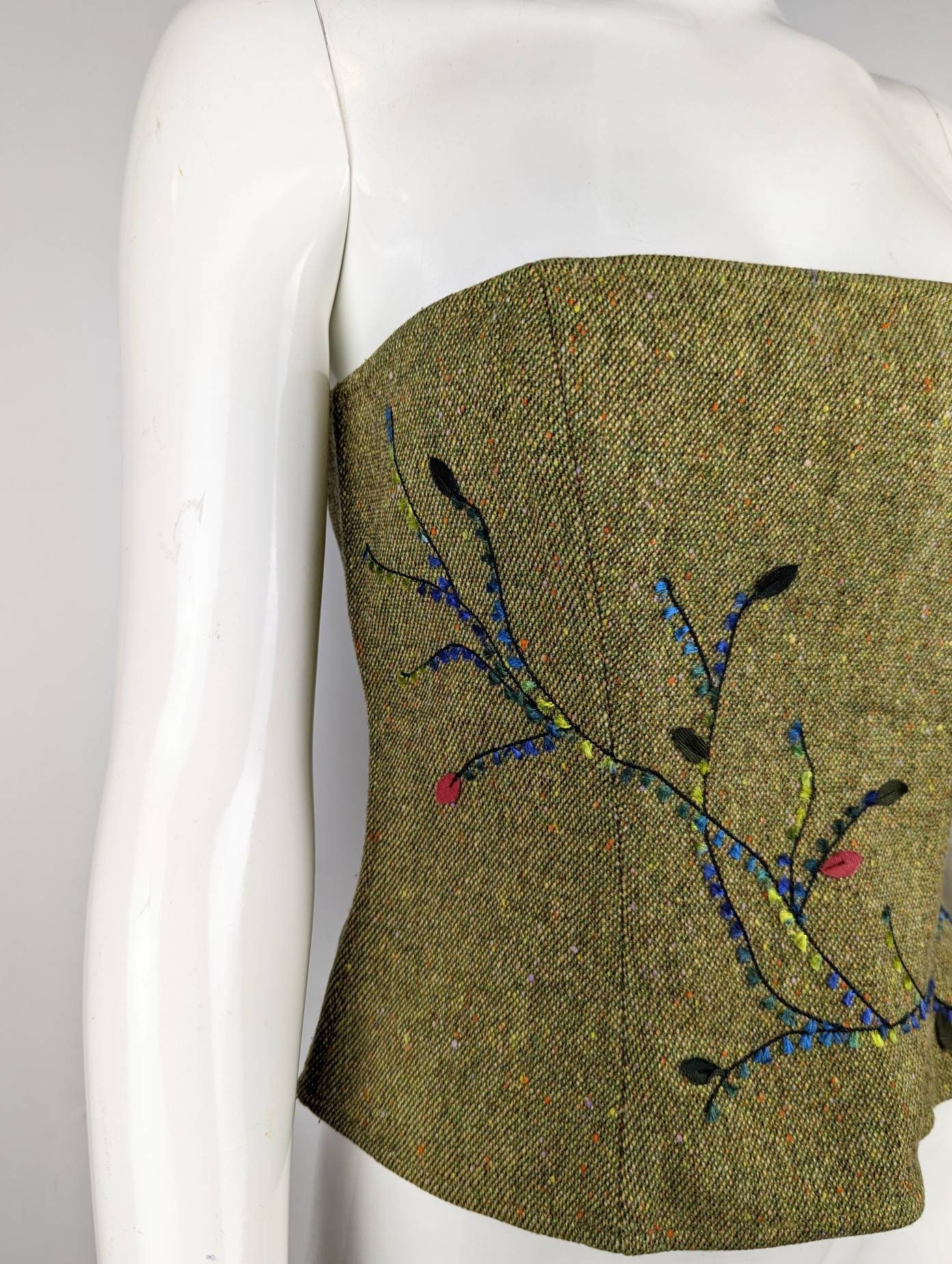 ヴィンテージ 90 年代 KENZO ジャングルツイード ビスチェ。花と葉の