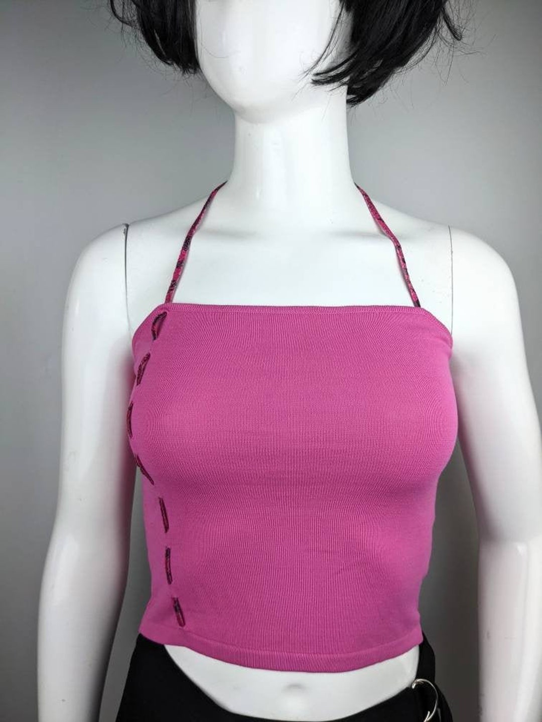 Y2k Vintage Versace Pink Crop Top, Ribbed Halter Top, Barbie