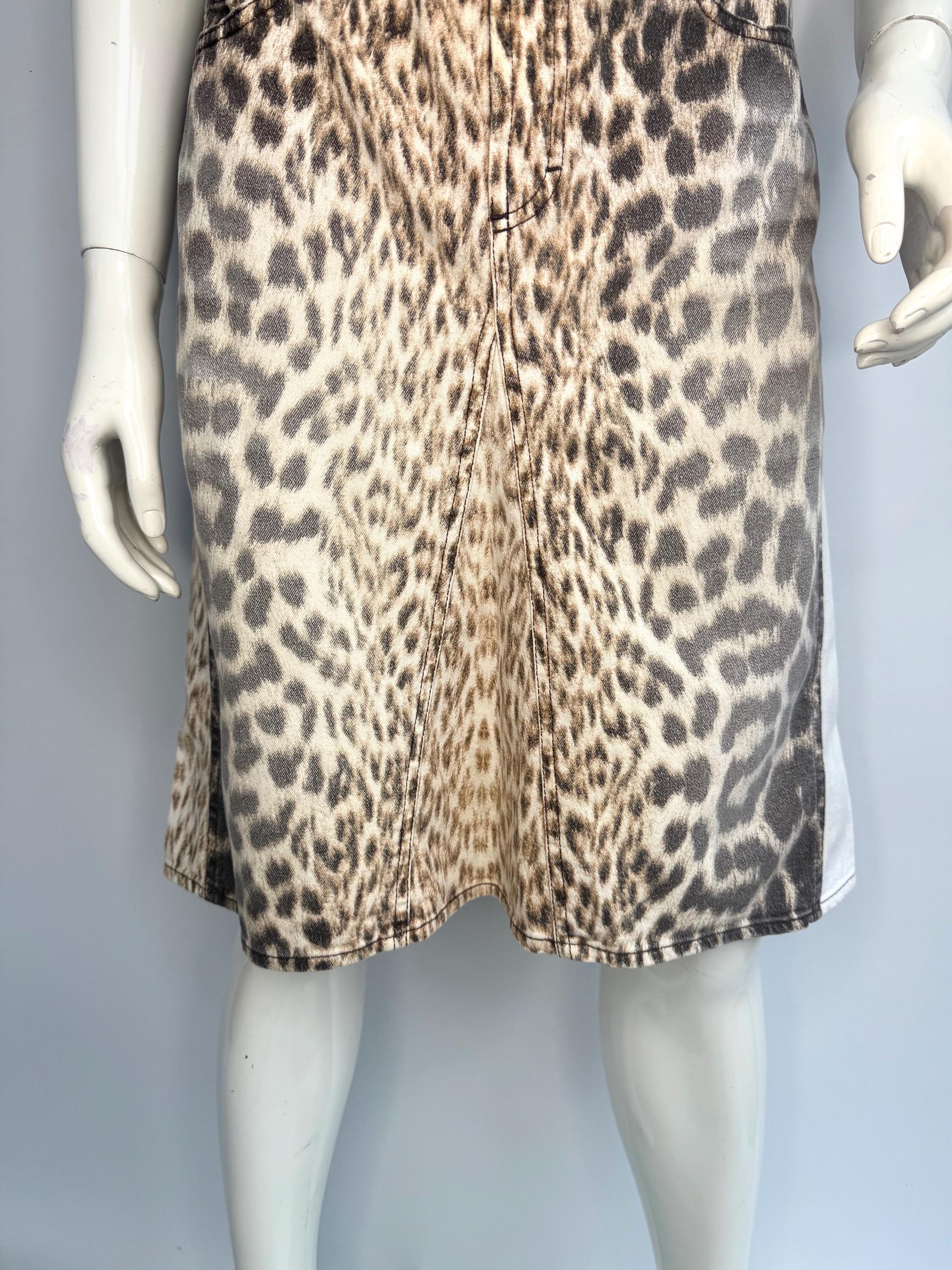 Vintage 90s Just Cavalli Leopard Skirt, Animal Print Denim Midi