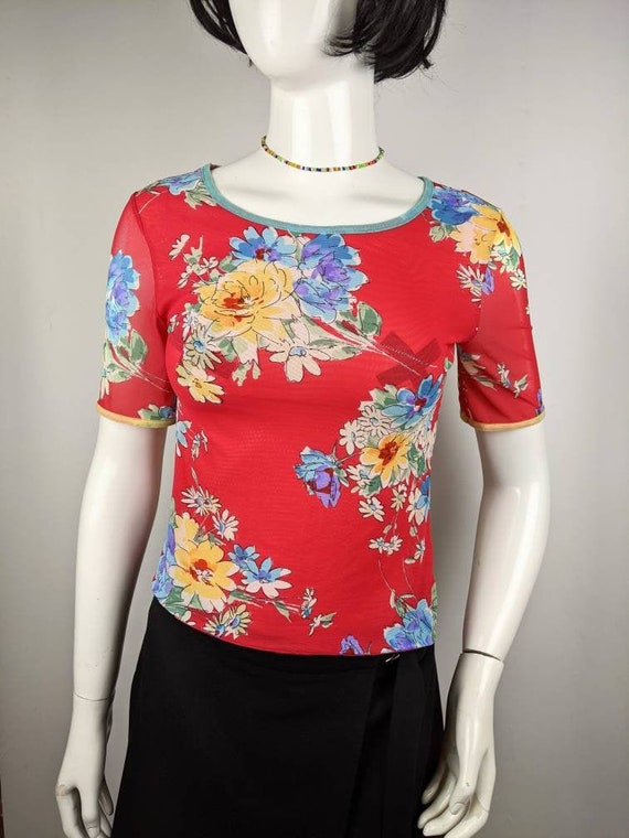 vintage 90s LA PERLA mesh top floral print. botan… - image 1