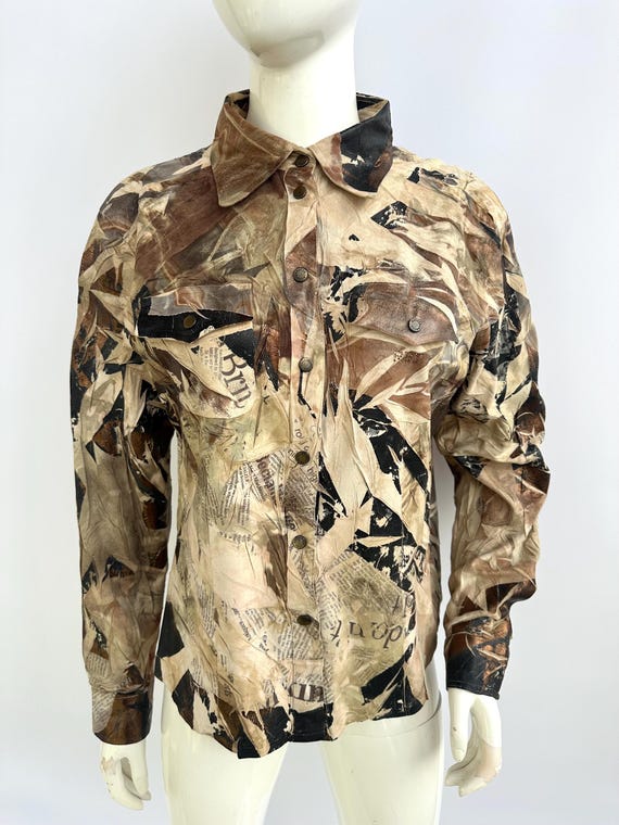 Vintage 90s Roccobarocco Crumpled Blouse, Brown Newspaper Print 