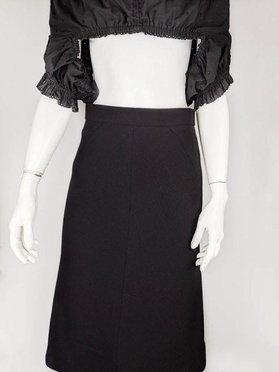 Vintage 80s HERMES Wool Midi Skirt | Black High W… - image 1