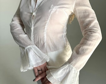 Y2k Vintage Dolce Gabbana White Blouse, Flared Ruffled Sleeves Cotton Shirt
