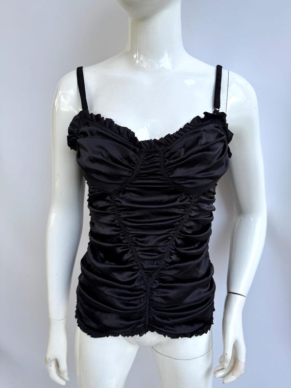 Y2k Vintage Dolce Gabbana Satin Top, Silk Black Ruched Tank Top