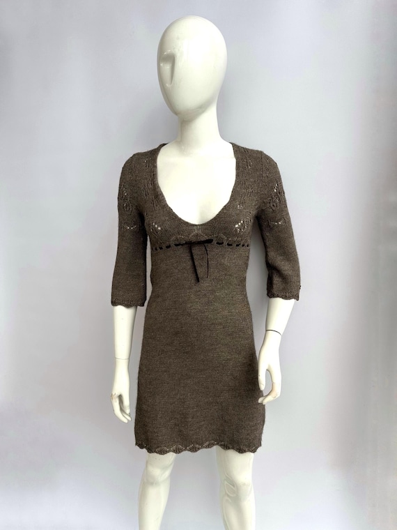 Y2k Vintage Miss Sixty Wool Knit Dress, Brown Crochet V-neck Dress