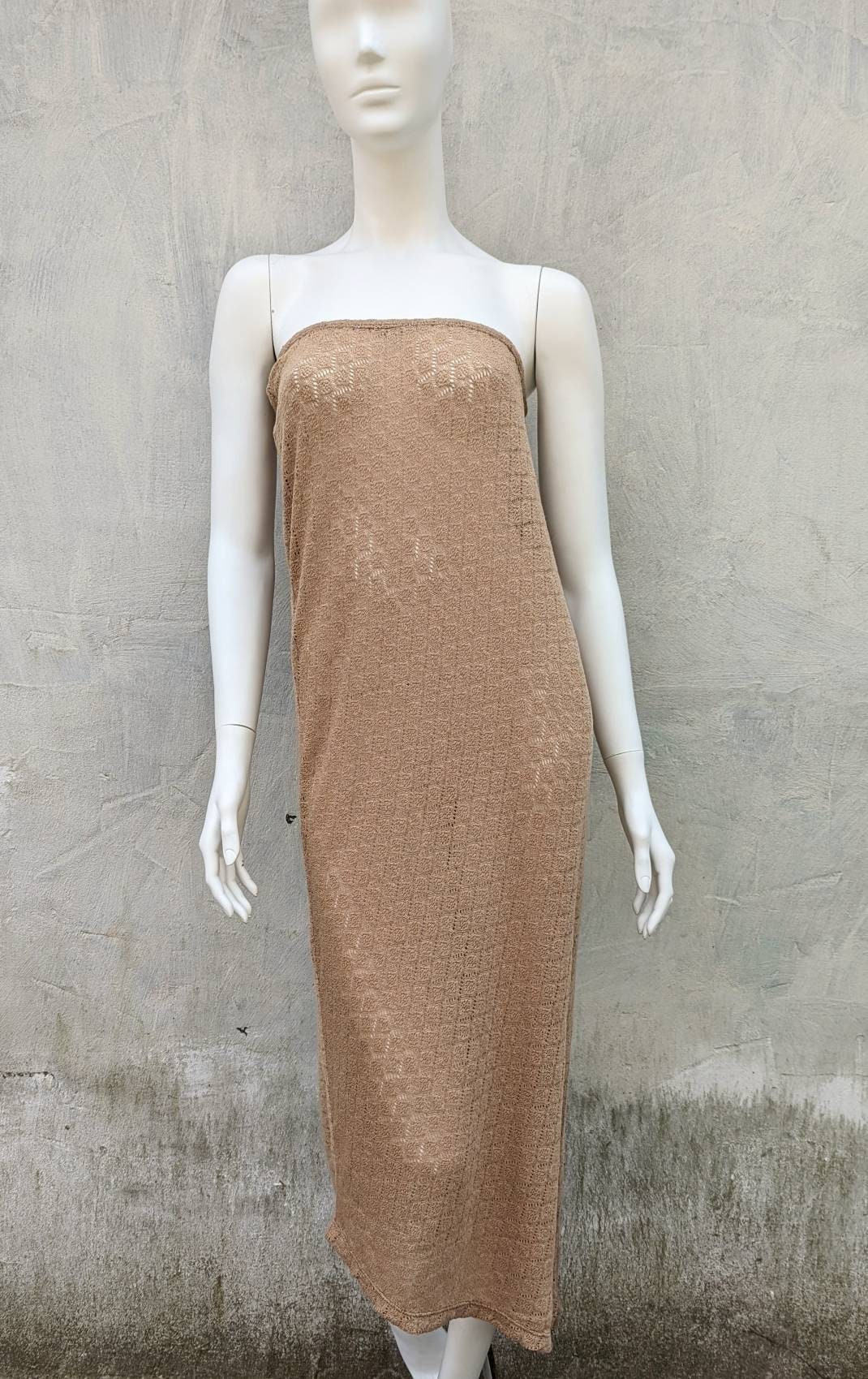D&G, vintage 90s DOLCE GABBANA crochet maxi dress. D&G beige boho asymetrical dress
