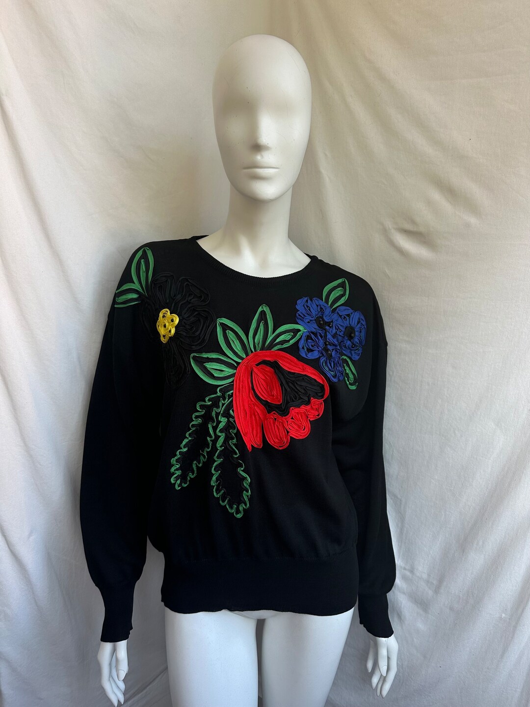 Vintage 80s Escada Floral Sweater, Ribbon Embroidery Flower Pullover - Etsy
