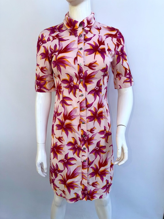 Versace, Vintage Versace Floral Shirt Dress, Pink Tropical Print Gown