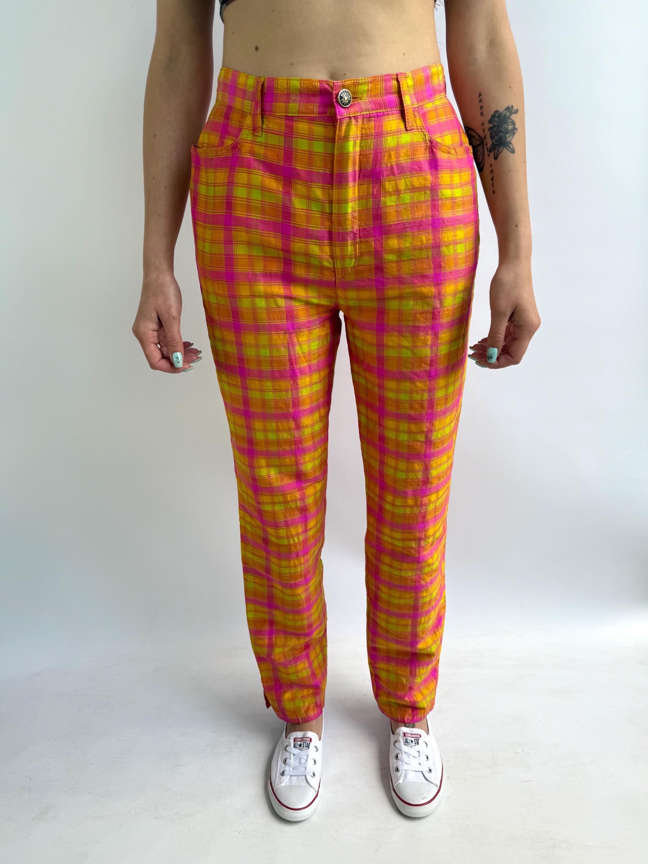 Vintage 90s Moschino Plaid Silk Pants, Bright Light Trousers High Waisted