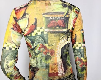 Vintage 90s Aventure Des Toiles Mesh Top, Long Sleeve Abstract
