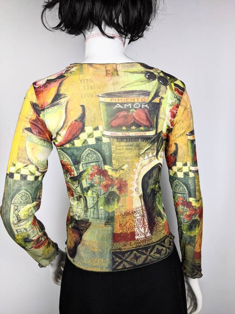 トップス VINTAGE ILLUSTRATION PRINT SHEER TOP Vintage 90s Aventure Des Toiles Mesh Top, Long Sleeve Abstract