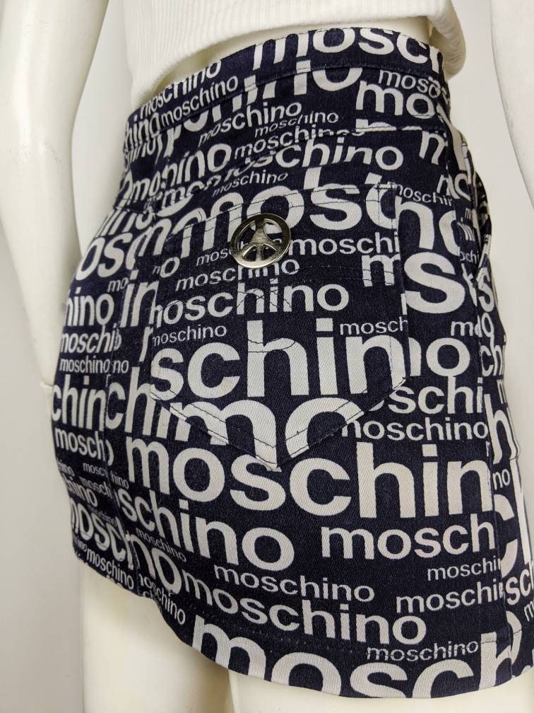 Vintage 90s MOSCHINO Denim Mini Skirt. Monogram Zipper Skirt