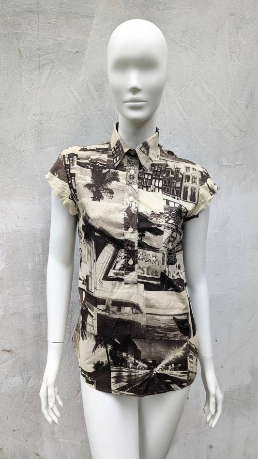 D&G, vintage 90s DOLCE GABBANA collage shirt. D&G overprint photo sepia button blouse