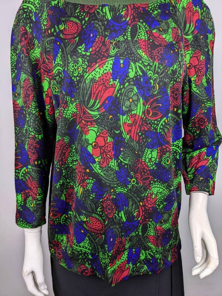 Vintage 80s TRICOSA Long Sweater | Abstract Multicolor Floral