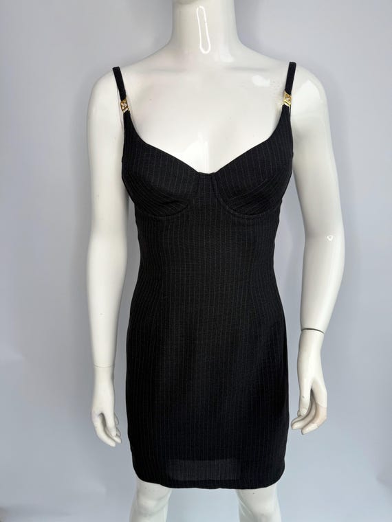 Escada, Vintage 90s Escada Bustier Dress, Wool Striped Bodycon Dress