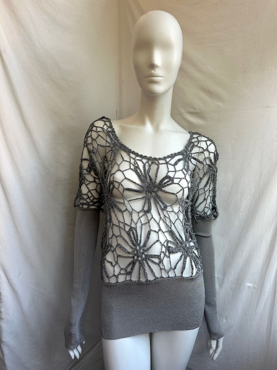 【ギフ_包装】 Y2k Flower Silver Sweater, Crochet Ferre Gianfranco Vintage トップス
