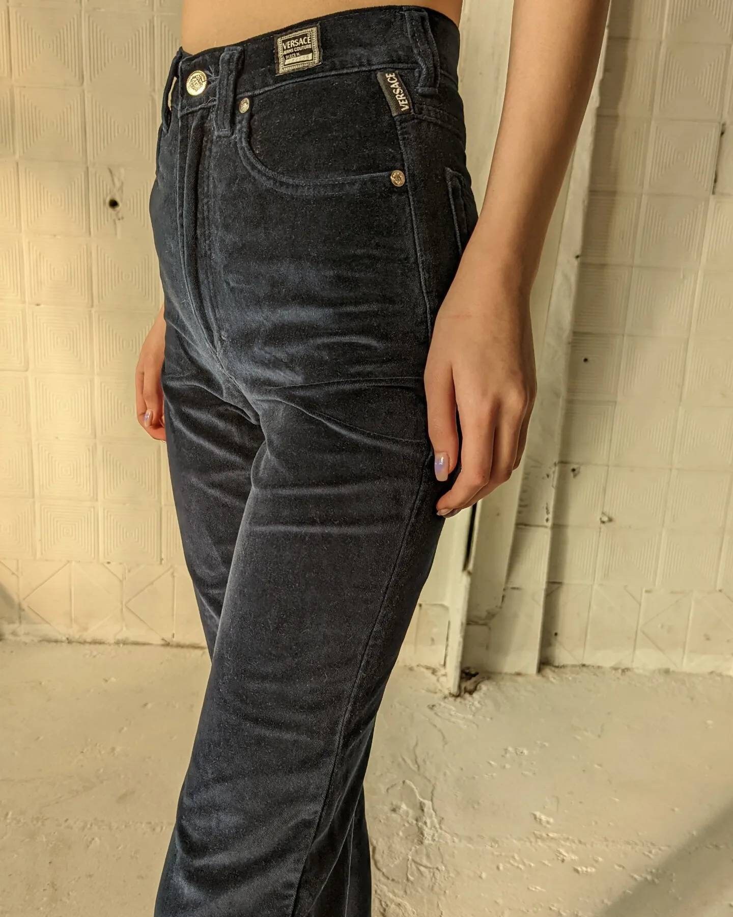 Vintage 90s VERSACE Velvet Pants. Extra Small Slim Navy Blue Vintage 90s VERSACE Velvet Pants. Extra Small Slim Navy Blue