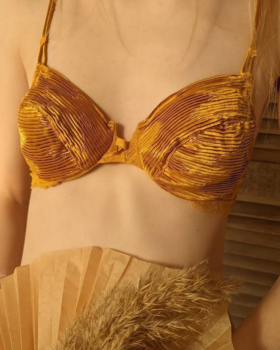 Vintage 90s LA PERLA Pleated Golden Bra. Boho Lingerie 